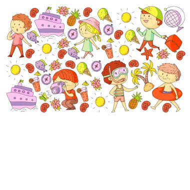 Çocuklarla yaz simgeleri kümesi. Çocuklar yüzme maskesi ve palet, şişme halka ile yüzmek, plajda güneşlenmek, fotoğraf çekmek.