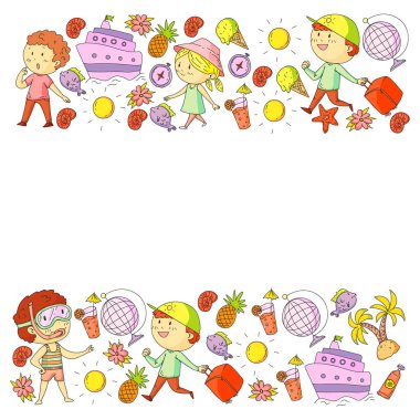 Çocuklarla yaz simgeleri kümesi. Çocuklar yüzme maskesi ve palet, şişme halka ile yüzmek, plajda güneşlenmek, fotoğraf çekmek.