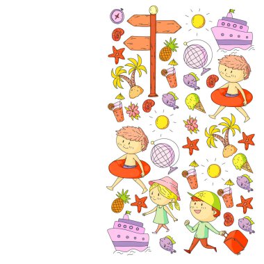 Çocuklarla yaz simgeleri kümesi. Çocuklar yüzme maskesi ve palet, şişme halka ile yüzmek, plajda güneşlenmek, fotoğraf çekmek.