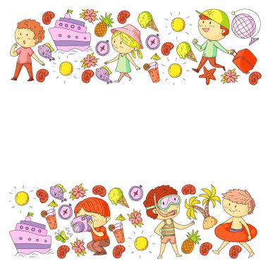 Çocuklarla yaz simgeleri kümesi. Çocuklar yüzme maskesi ve palet, şişme halka ile yüzmek, plajda güneşlenmek, fotoğraf çekmek.