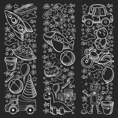 Oyuncak seti. Vektör düz çizgi film çizimi. Tahta ve plastik oyuncaklar, eğlence ve aktivite. Anaokulu, kreş..