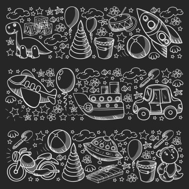 Oyuncak seti. Vektör düz çizgi film çizimi. Tahta ve plastik oyuncaklar, eğlence ve aktivite. Anaokulu, kreş..