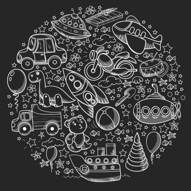 Oyuncak seti. Vektör düz çizgi film çizimi. Tahta ve plastik oyuncaklar, eğlence ve aktivite. Anaokulu, kreş..