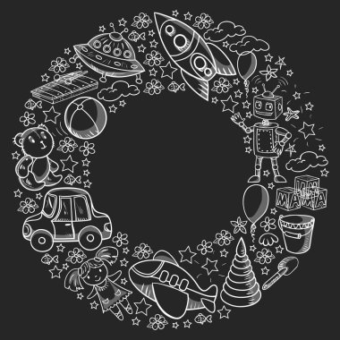 Oyuncak seti. Vektör düz çizgi film çizimi. Tahta ve plastik oyuncaklar, eğlence ve aktivite. Anaokulu, kreş..