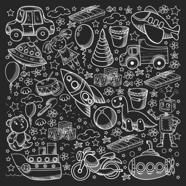 Oyuncak seti. Vektör düz çizgi film çizimi. Tahta ve plastik oyuncaklar, eğlence ve aktivite. Anaokulu, kreş..