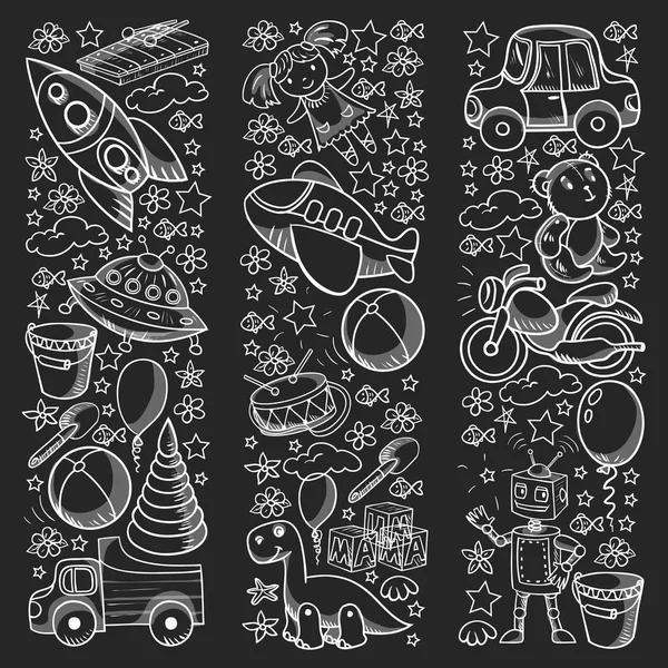 Oyuncak seti. Vektör düz çizgi film çizimi. Tahta ve plastik oyuncaklar, eğlence ve aktivite. Anaokulu, kreş..