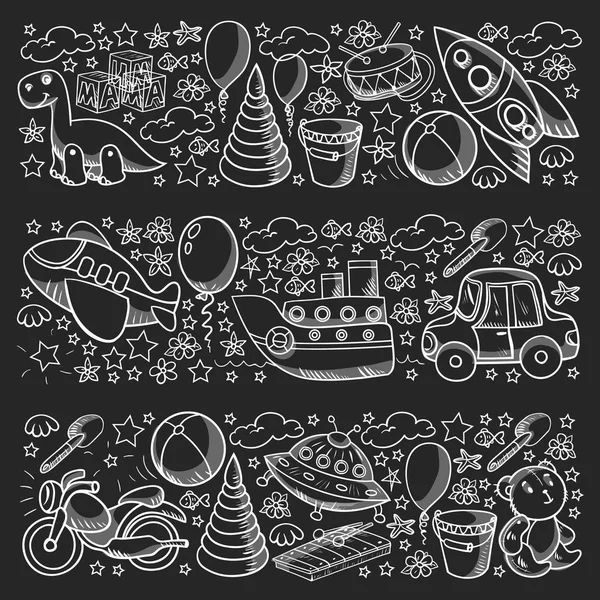 Oyuncak seti. Vektör düz çizgi film çizimi. Tahta ve plastik oyuncaklar, eğlence ve aktivite. Anaokulu, kreş..