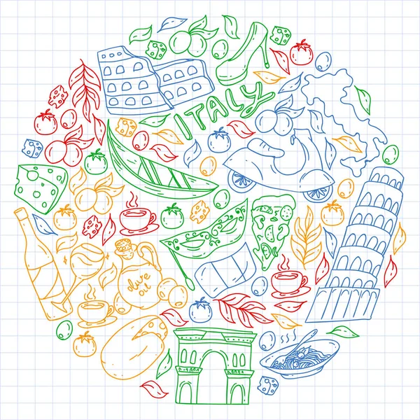 Italia elementos vectoriales e iconos. Patrón de Doodle con cultura italiana, ciudades Roma, Venecia, Milán, queso, vino . — Vector de stock