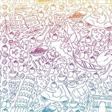 İtalya vektör elemanları ve simgeler. İtalyan kültürü, şehirler Roma, Venedik, Milano, peynir, şarap ile Doodle deseni.