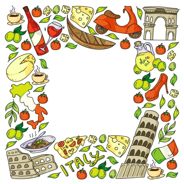 Italia elementi vettoriali e icone. Schema Doodle con cultura italiana, città Roma, Venezia, Milano, formaggio, vino . — Vettoriale Stock