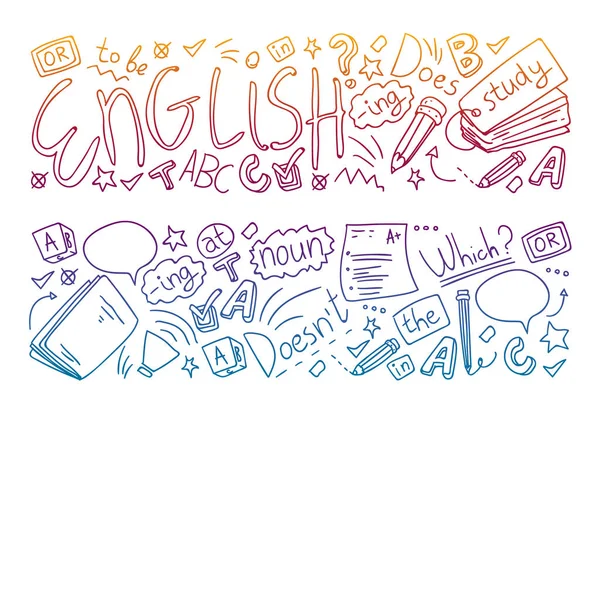 Corsi di inglese. Doodle concetto vettoriale illustrazione dell'apprendimento della lingua inglese . — Vettoriale Stock