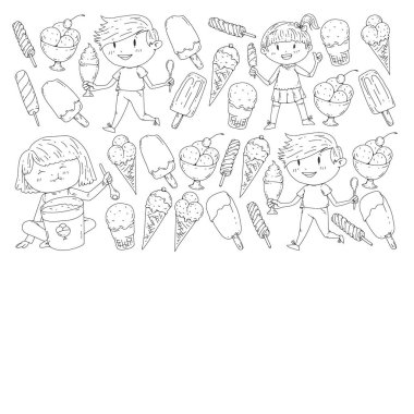 Küçük çocuklar dondurmayı yiyor. Yaz tatili. Tatlı meyve çöl.