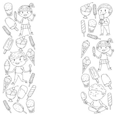 Küçük çocuklar dondurmayı yiyor. Yaz tatili. Tatlı meyve çöl.