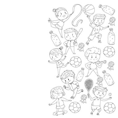 Çocuklar ve spor. Faaliyetlerin vektör illüstrasyonu. Futbol, futbol, koşu, dans, dövüş sanatları. Okulda ve anaokulunda sağlık.