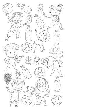 Çocuklar ve spor. Faaliyetlerin vektör illüstrasyonu. Futbol, futbol, koşu, dans, dövüş sanatları. Okulda ve anaokulunda sağlık.