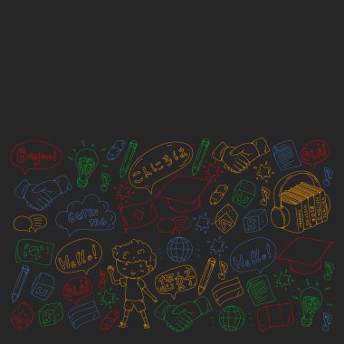 Dil sınıfı için vektör deseni, çevrimiçi kurslar. İngilizce, Arapça, İtalyanca, Japonca, İspanyolca, Çince, Almanca.