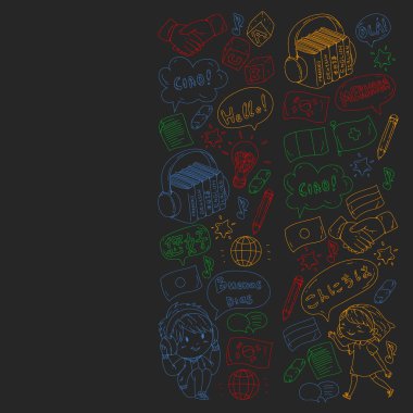 Dil sınıfı için vektör deseni, çevrimiçi kurslar. İngilizce, Arapça, İtalyanca, Japonca, İspanyolca, Çince, Almanca.