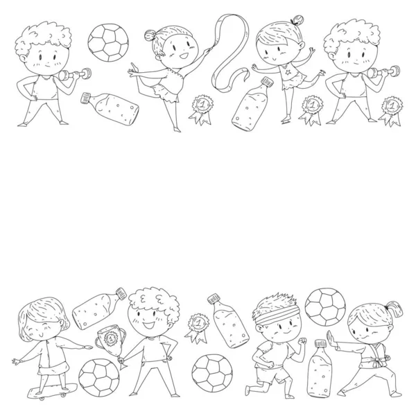 Children and sport. Vector illustration of activities. Football, soccer, running, dancing, martial arts. Health care in school and kindergarten. — Stock Vector