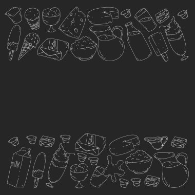 Süt, tereyağı, süzme peynir, ekşi krema, peynir, yoğurt, dondurma, krema simgeleri ile Vektör desen. Süt ürünlerinin toplanması.