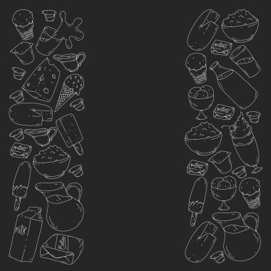 Süt, tereyağı, süzme peynir, ekşi krema, peynir, yoğurt, dondurma, krema simgeleri ile Vektör desen. Süt ürünlerinin toplanması.