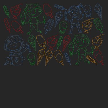 Küçük çocuklar dondurmayı yiyor. Yaz tatili. Tatlı meyve çöl.