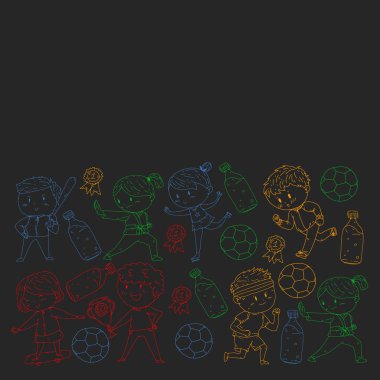 Çocuklar ve spor. Faaliyetlerin vektör illüstrasyonu. Futbol, futbol, koşu, dans, dövüş sanatları. Okulda ve anaokulunda sağlık.