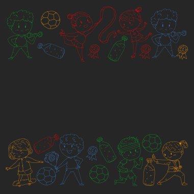 Çocuklar ve spor. Faaliyetlerin vektör illüstrasyonu. Futbol, futbol, koşu, dans, dövüş sanatları. Okulda ve anaokulunda sağlık.