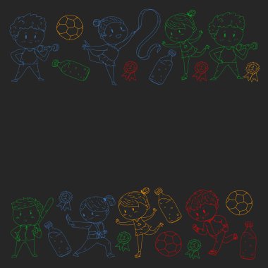 Çocuklar ve spor. Faaliyetlerin vektör illüstrasyonu. Futbol, futbol, koşu, dans, dövüş sanatları. Okulda ve anaokulunda sağlık.