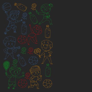 Çocuklar ve spor. Faaliyetlerin vektör illüstrasyonu. Futbol, futbol, koşu, dans, dövüş sanatları. Okulda ve anaokulunda sağlık.