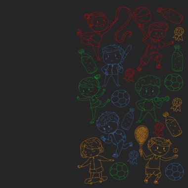 Çocuklar ve spor. Faaliyetlerin vektör illüstrasyonu. Futbol, futbol, koşu, dans, dövüş sanatları. Okulda ve anaokulunda sağlık.