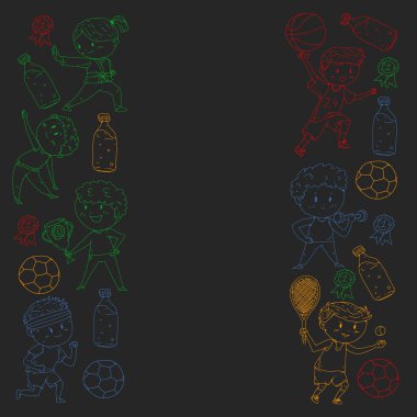 Çocuklar ve spor. Faaliyetlerin vektör illüstrasyonu. Futbol, futbol, koşu, dans, dövüş sanatları. Okulda ve anaokulunda sağlık.