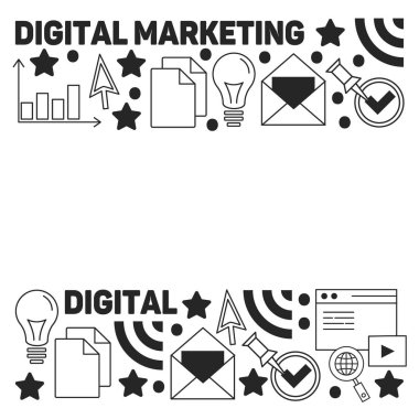 Vektör simgeleri ile dijital pazarlama deseni. Yönetim, start up, iş, internet teknolojisi.