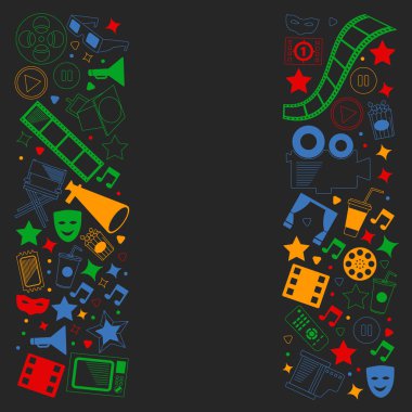 Sinema simgeleri ile vektör deseni. Sinema, Tv, patlamış mısır, video klipler, müzikal