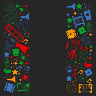 Sinema simgeleri ile vektör deseni. Sinema, Tv, patlamış mısır, video klipler, müzikal