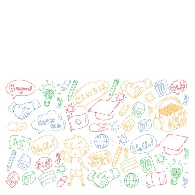 Dil sınıfı için vektör deseni, çevrimiçi kurslar. İngilizce, Arapça, İtalyanca, Japonca, İspanyolca, Çince, Almanca.