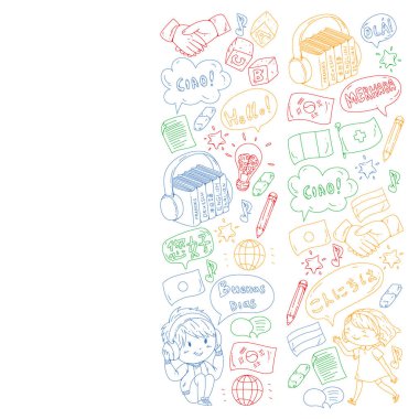 Dil sınıfı için vektör deseni, çevrimiçi kurslar. İngilizce, Arapça, İtalyanca, Japonca, İspanyolca, Çince, Almanca.