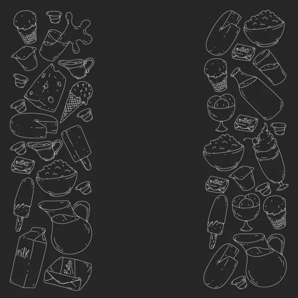 Süt, tereyağı, süzme peynir, ekşi krema, peynir, yoğurt, dondurma, krema simgeleri ile Vektör desen. Süt ürünlerinin toplanması.