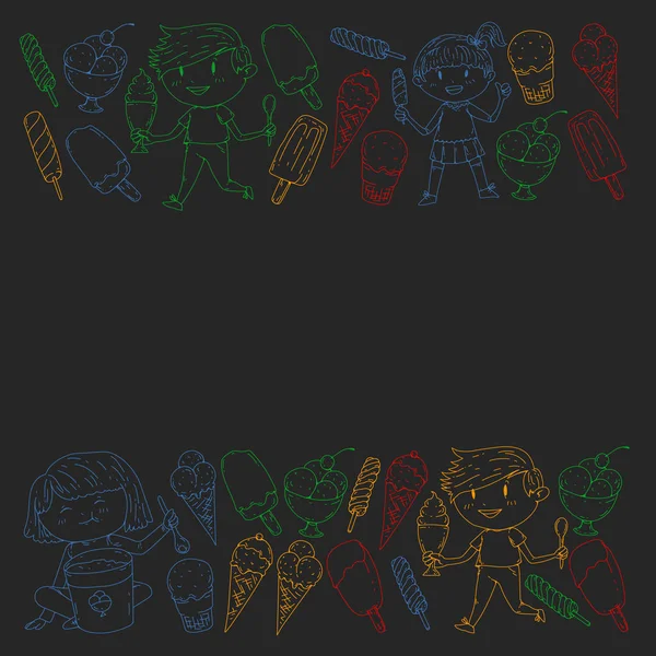 Küçük çocuklar dondurmayı yiyor. Yaz tatili. Tatlı meyve çöl.