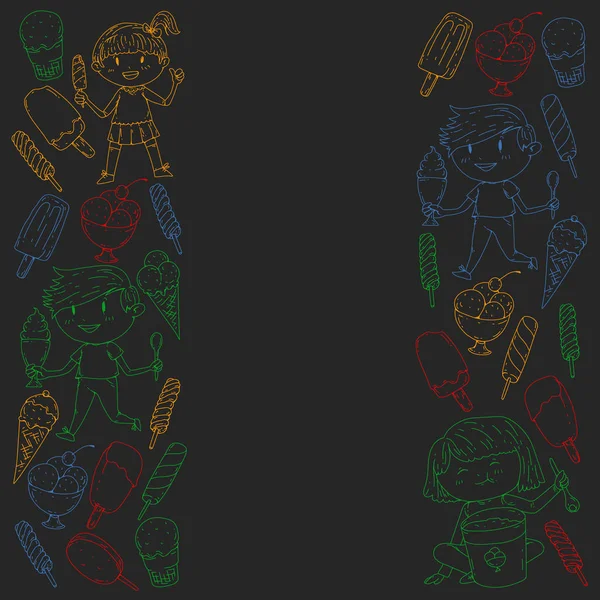 Küçük çocuklar dondurmayı yiyor. Yaz tatili. Tatlı meyve çöl.