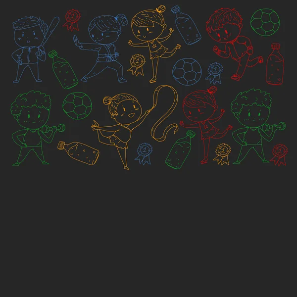 Çocuklar ve spor. Faaliyetlerin vektör illüstrasyonu. Futbol, futbol, koşu, dans, dövüş sanatları. Okulda ve anaokulunda sağlık.