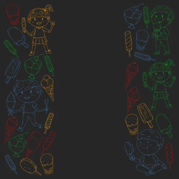 Küçük çocuklar dondurmayı yiyor. Yaz tatili. Tatlı meyve çöl.