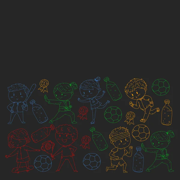 Çocuklar ve spor. Faaliyetlerin vektör illüstrasyonu. Futbol, futbol, koşu, dans, dövüş sanatları. Okulda ve anaokulunda sağlık.