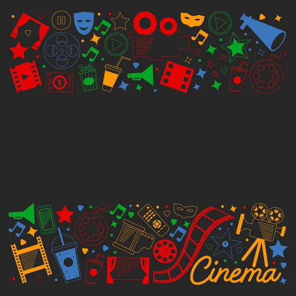 Patrón vectorial con iconos de cine. Cine, Televisión, palomitas de maíz, videoclips, musical — Archivo Imágenes Vectoriales