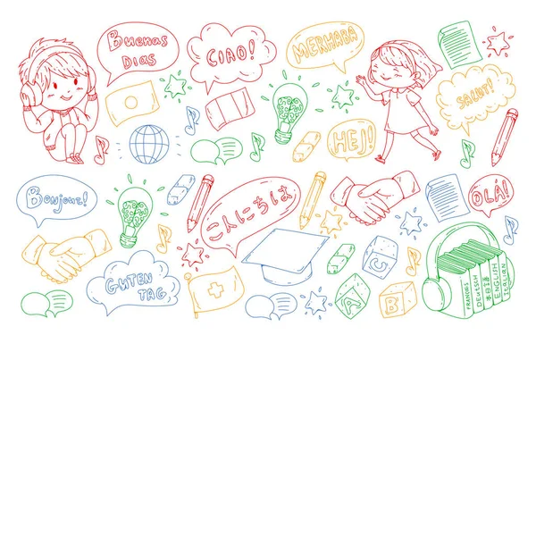 Dil sınıfı için vektör deseni, çevrimiçi kurslar. İngilizce, Arapça, İtalyanca, Japonca, İspanyolca, Çince, Almanca.