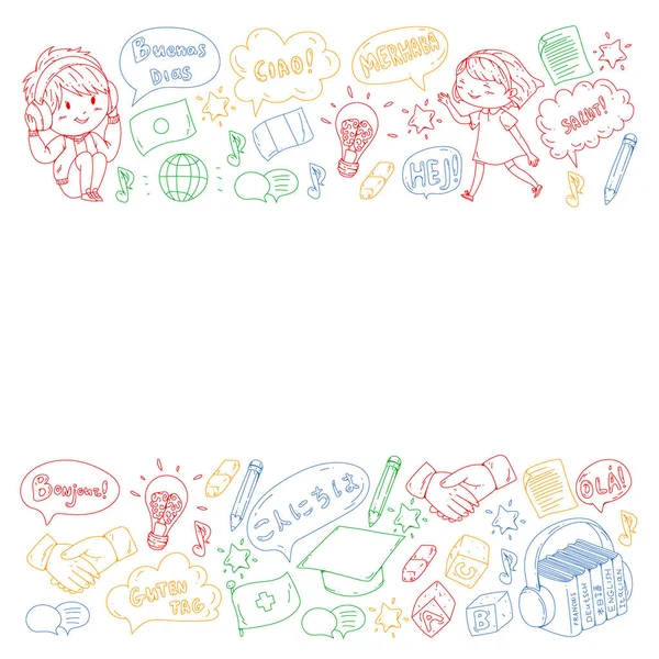 Dil sınıfı için vektör deseni, çevrimiçi kurslar. İngilizce, Arapça, İtalyanca, Japonca, İspanyolca, Çince, Almanca.