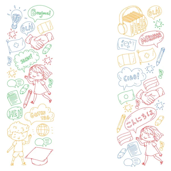 Dil sınıfı için vektör deseni, çevrimiçi kurslar. İngilizce, Arapça, İtalyanca, Japonca, İspanyolca, Çince, Almanca.