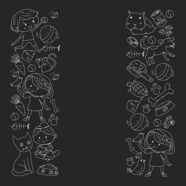 Evde beslenen hayvan dükkan. Vektör çizim hayvanlar, köpek, kedi, balık, kedi, kuş, köpek ile renkli arka plan ile. Veteriner Kliniği.