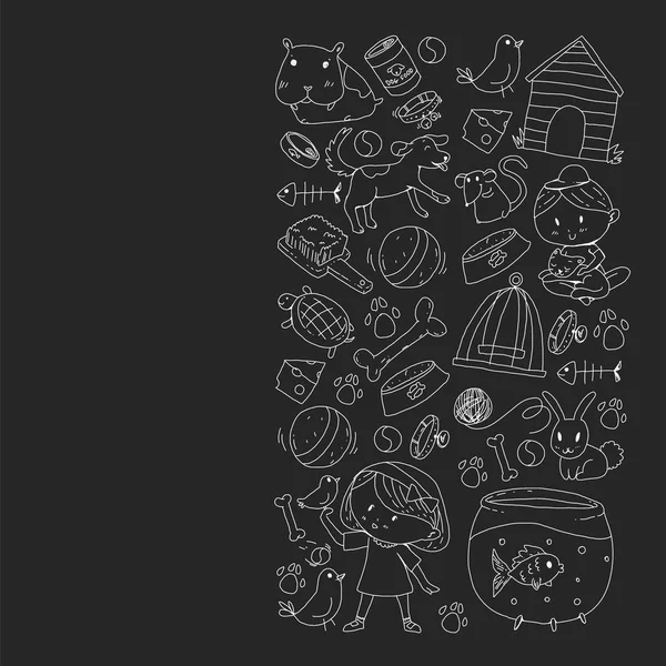 Zoohandlung. Vektorillustration mit Tieren, Hund, Katze, Fisch, buntem Hintergrund mit Kätzchen, Vogel, Welpe. Tierklinik. — Stockvektor