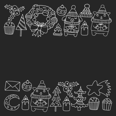 Hediyeler, Sevimli karikatür hayvanlar ile kağıt sarma için kış Noel vektör deseni. Yeni yıl kutlama.