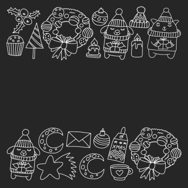 Hediyeler, Sevimli karikatür hayvanlar ile kağıt sarma için kış Noel vektör deseni. Yeni yıl kutlama.